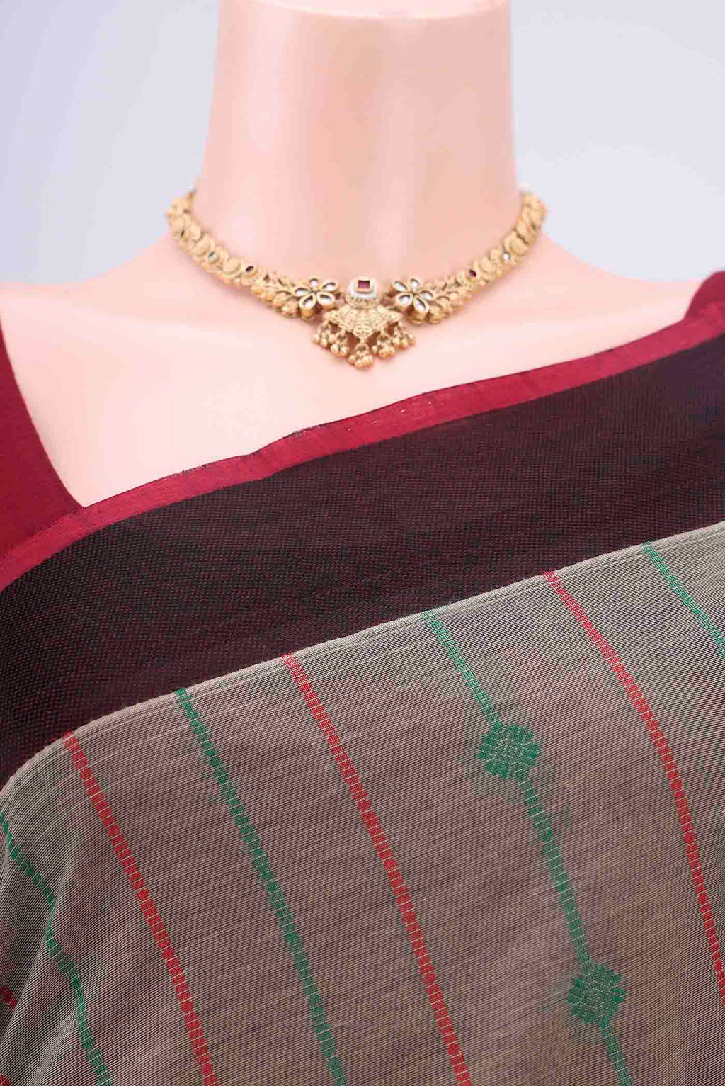 Border image of Grey Coimbatore Cotton Saree with Stripes on the body and Zari Border. 