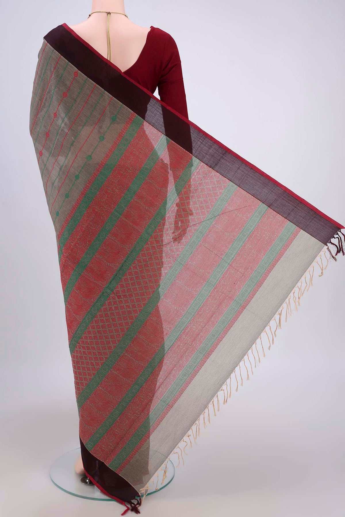 Flat view of Grey Coimbatore Cotton Saree with Stripes on the body and Zari Border. 