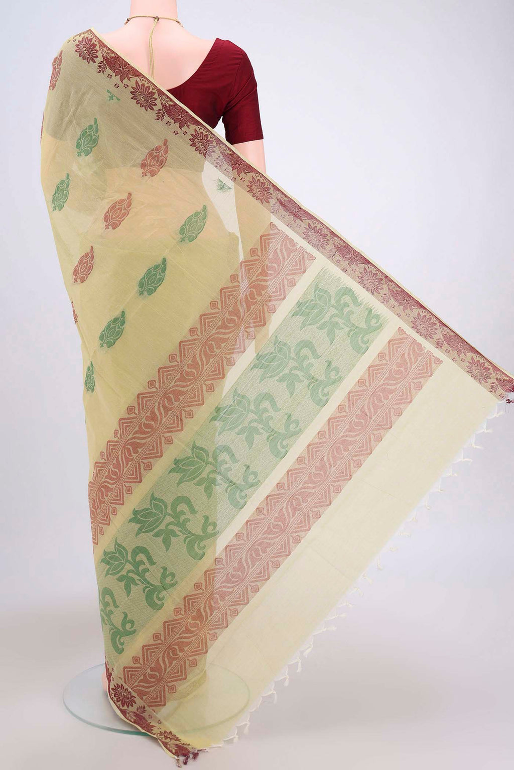 Flat view of Lemon Yellow Kanchi Cotton Saree with Thread Butta on the body and Thread Border. 