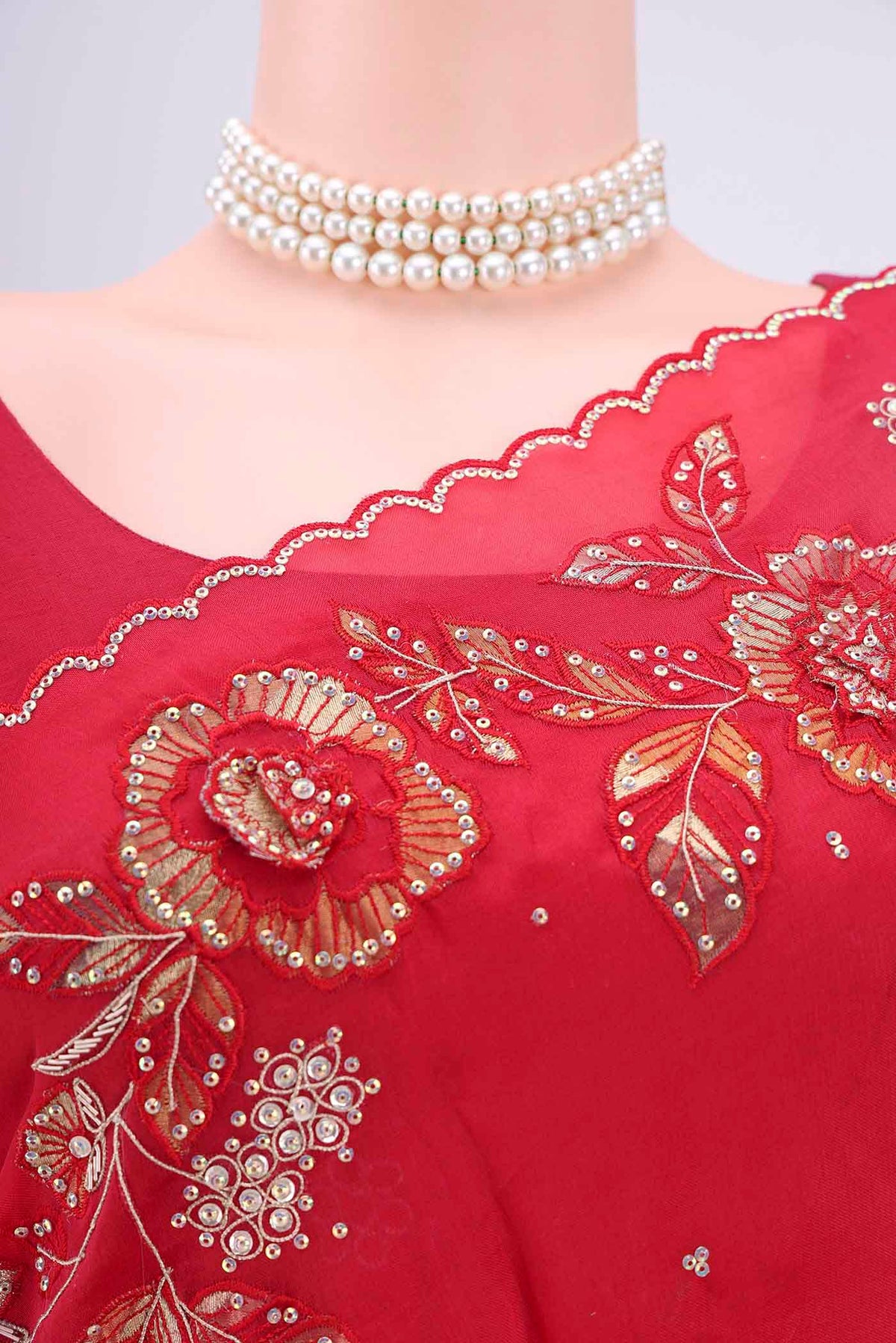Border image of Red Organza Silk Saree with Embroidery on the body and Zari Border. 