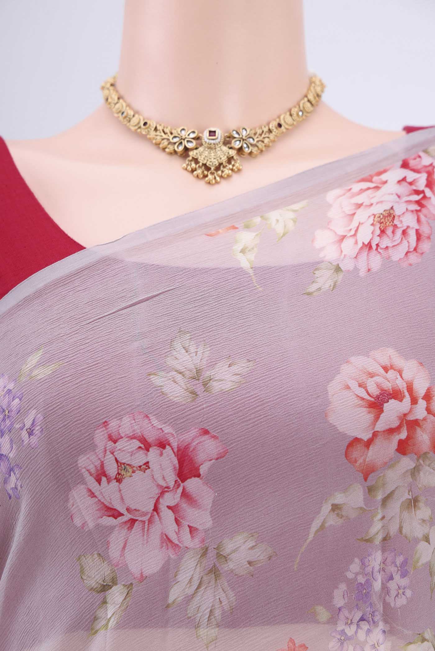 Border image of Davys Grey Mysore Chiffon Saree with Floral Print on the body and Without Border. 