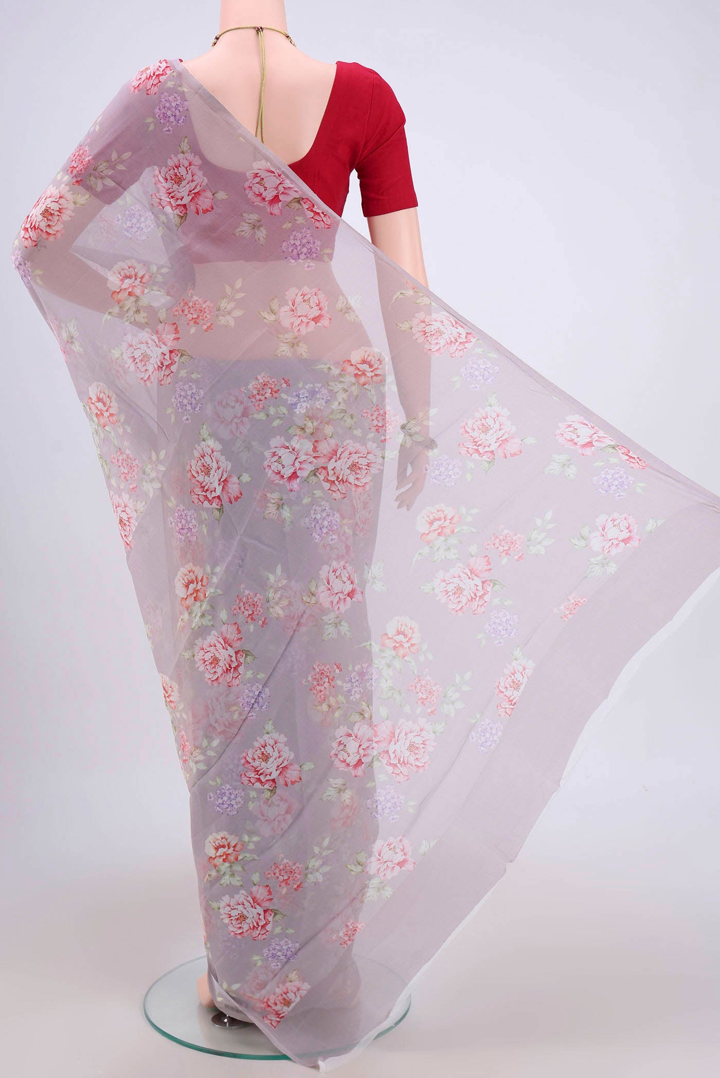 Flat view of Davys Grey Mysore Chiffon Saree with Floral Print on the body and Without Border. 