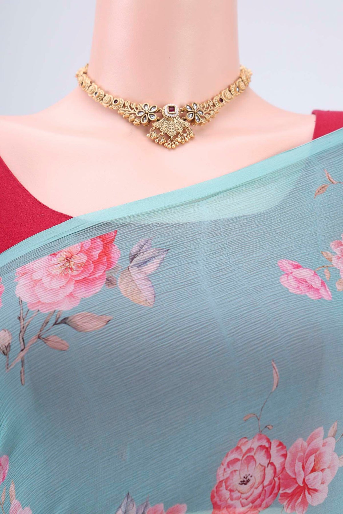 Border image of Sky Blue Mysore Chiffon Saree with Floral Print on the body and Without Border. 