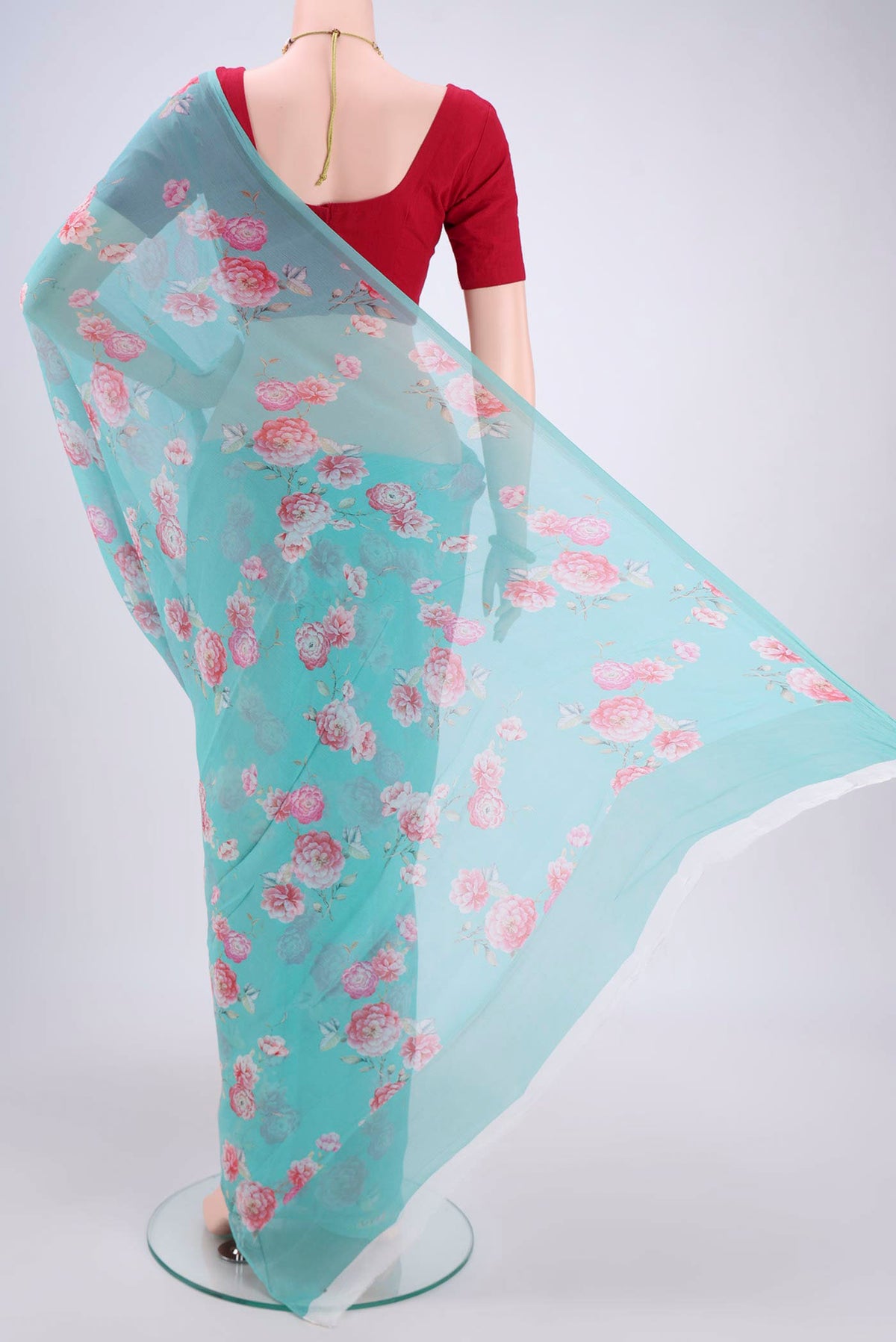 Flat view of Sky Blue Mysore Chiffon Saree with Floral Print on the body and Without Border. 
