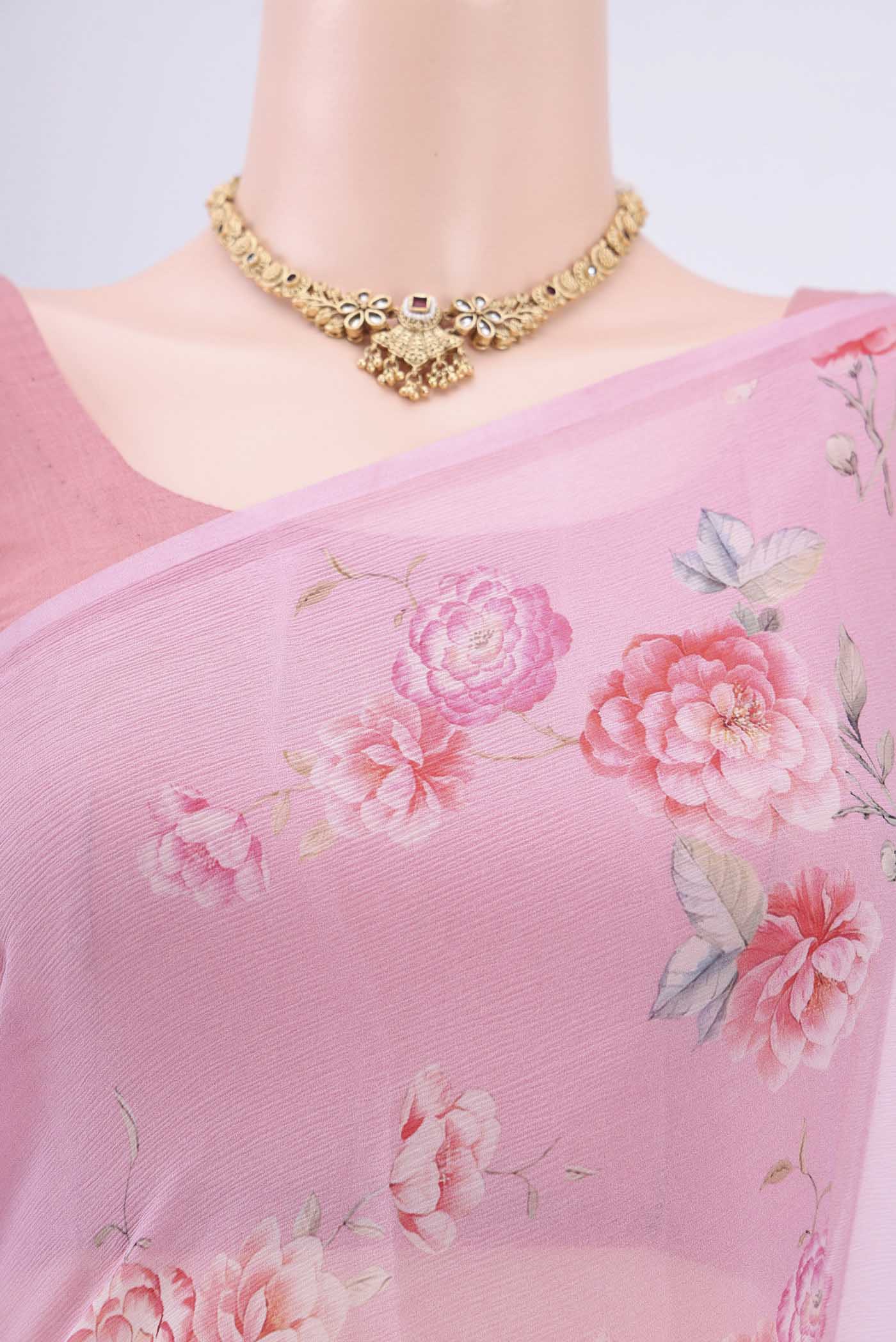 Border image of Pink Mysore Chiffon Saree with Floral Print on the body and Zari Border. 