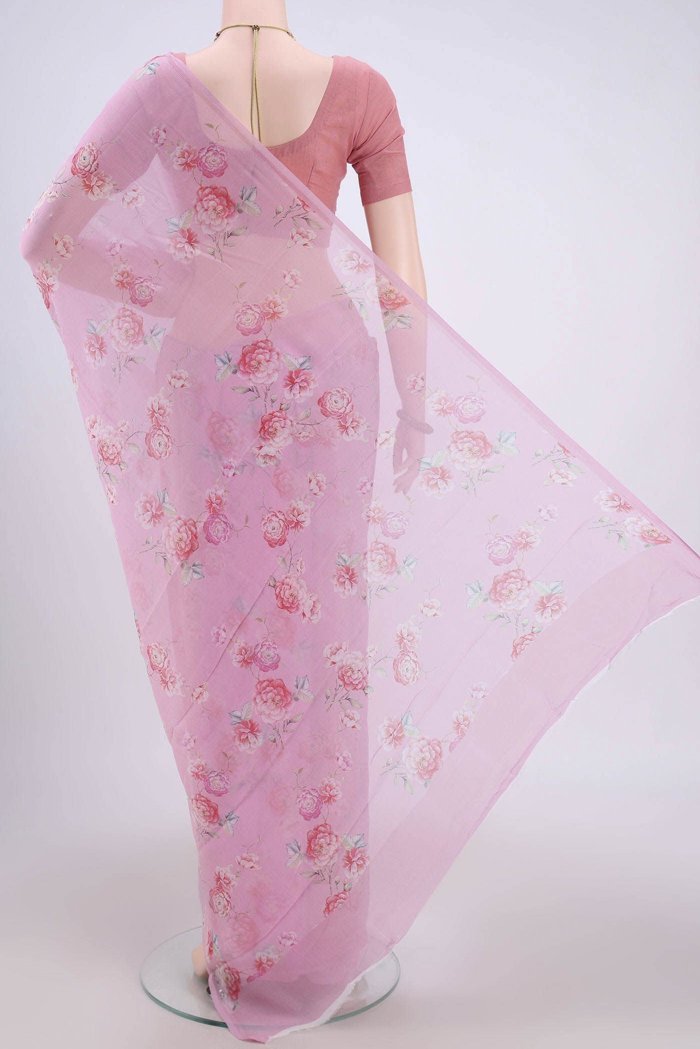 Flat view of Pink Mysore Chiffon Saree with Floral Print on the body and Zari Border. 