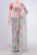 Grey Mysore Chiffon Saree with Floral Print on the body and Zari Border.  displayed on a mannequin