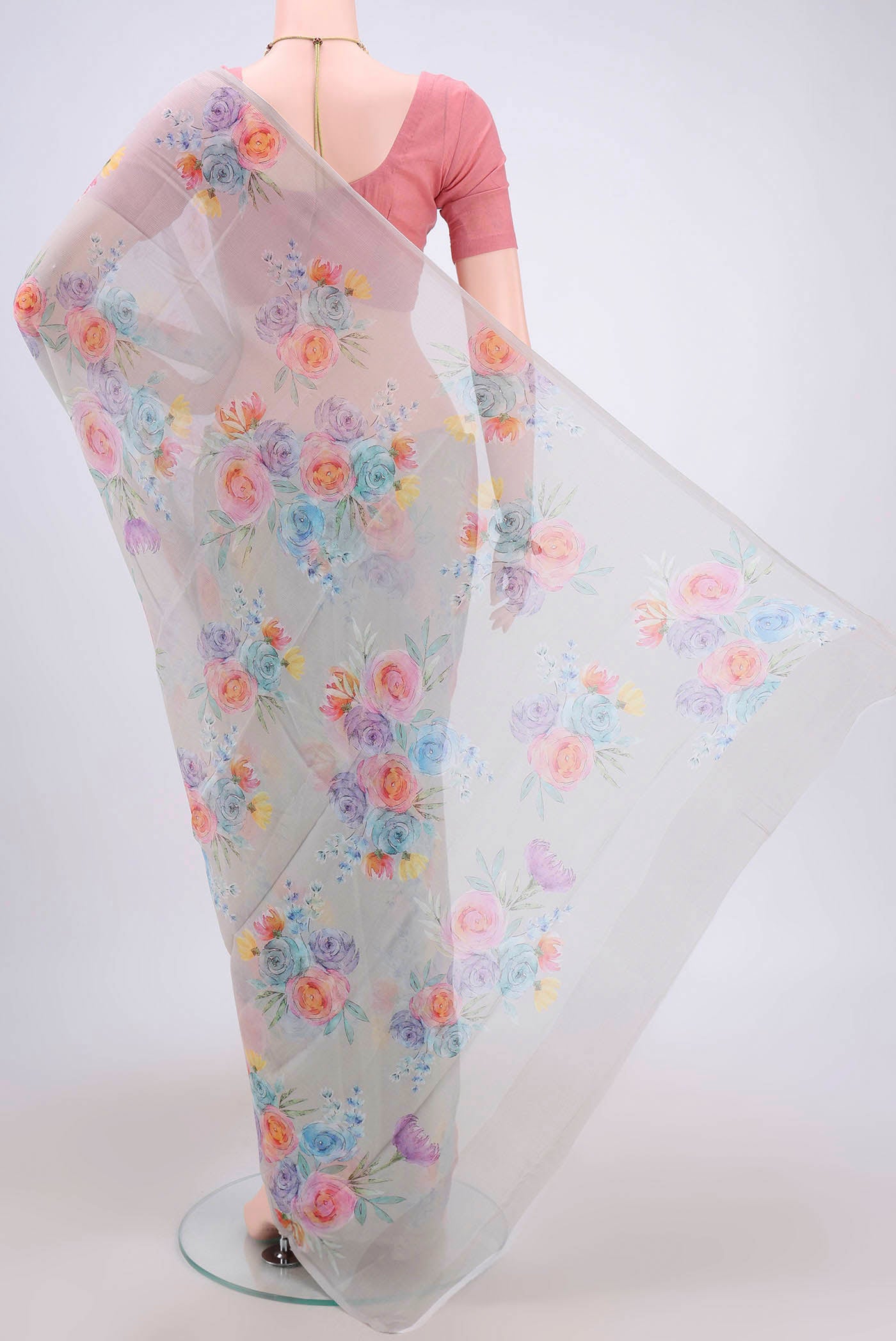Flat view of Grey Mysore Chiffon Saree with Floral Print on the body and Zari Border. 