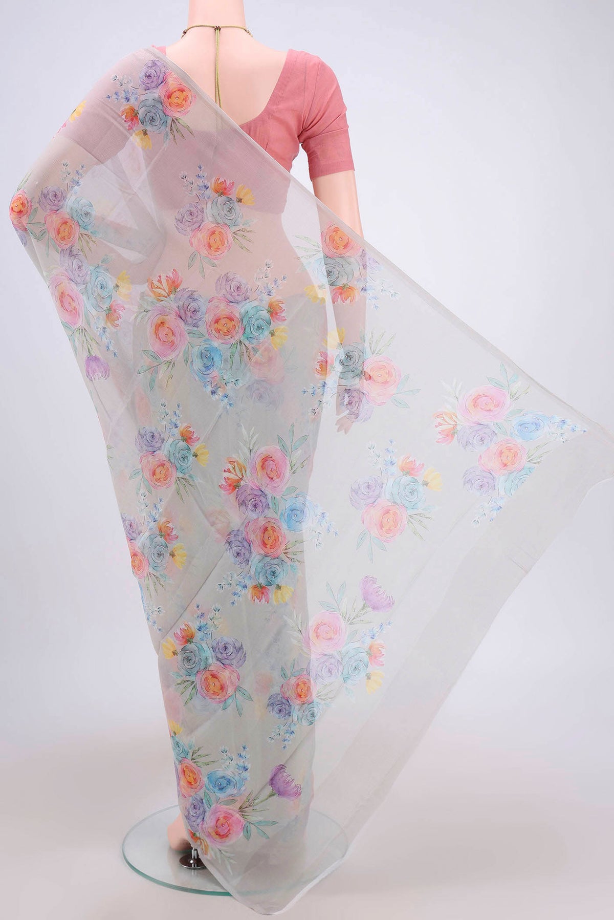 Flat view of Grey Mysore Chiffon Saree with Floral Print on the body and Zari Border. 