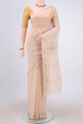 Off White Maheshwari Silk Cotton Saree with Plain Body and Zari Border.  displayed on a mannequin