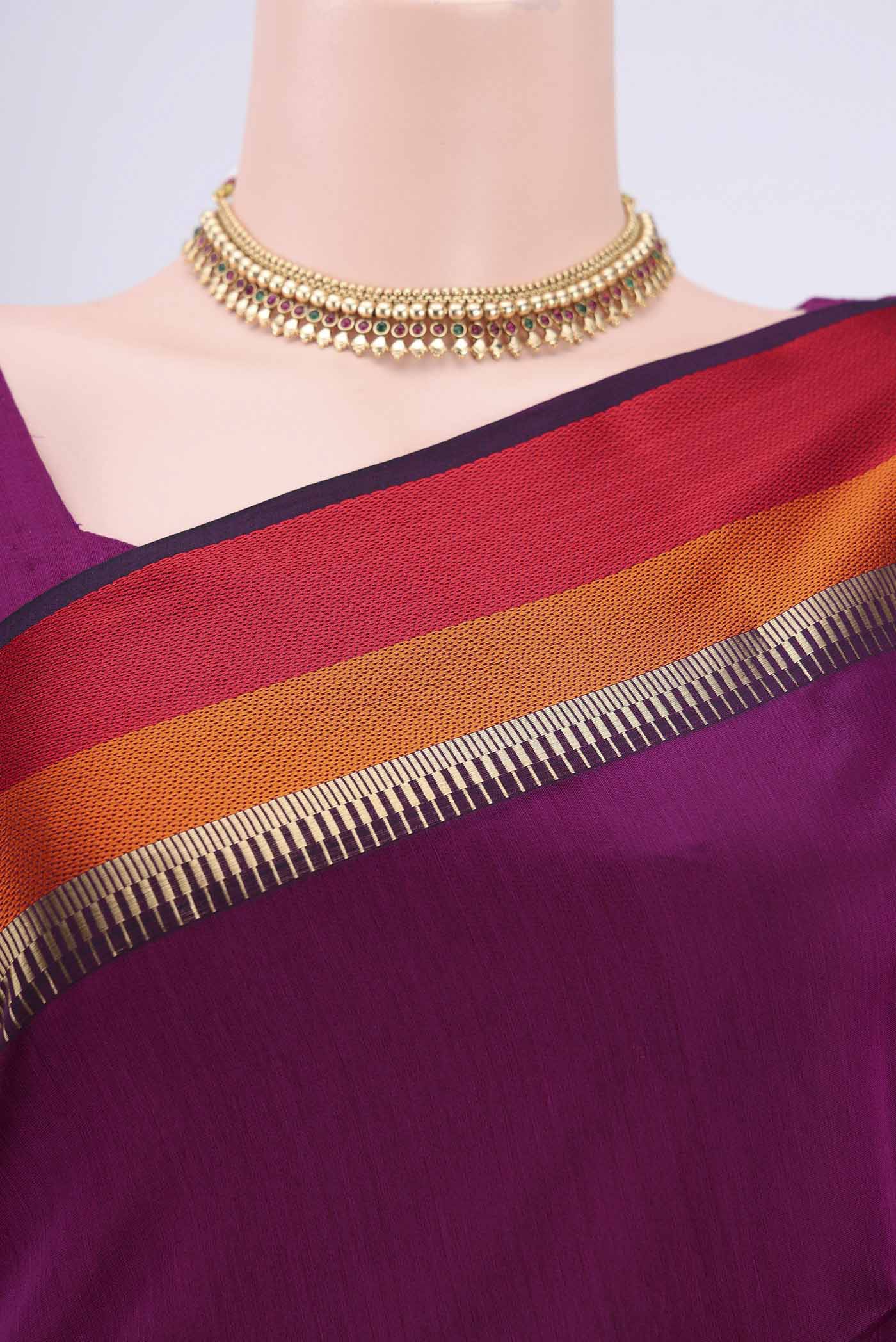 Border image of Magenta Maheshwari Silk Cotton Saree with Plain Body and Zari Border. 