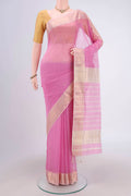 Pink Maheshwari Silk Cotton Saree with Plain Body and Zari Border.  displayed on a mannequin