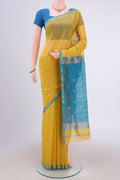Lemon Yellow Maheshwari Silk Cotton Saree with Zari And Thread Butta on the body and Zari Border.  displayed on a mannequin