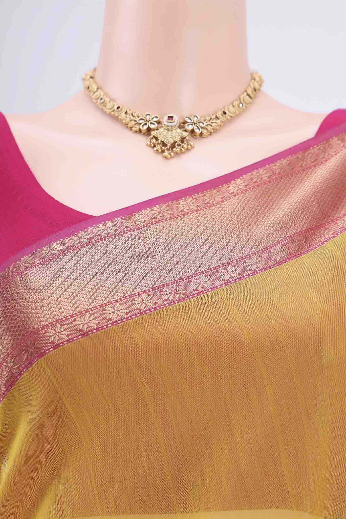 Border image of Yellow Maheshwari Silk Cotton Saree with Plain Body and Zari Border. 