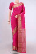 Rani Pink Blended Bangalore Silk Saree with Zari Butta on the body and Zari Border.  displayed on a mannequin