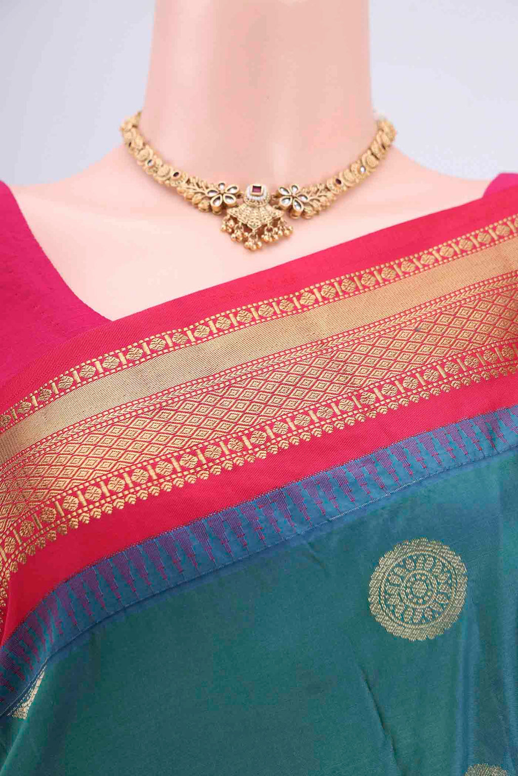 Border image of Peacock Blue Blended Bangalore Silk Saree with Zari Butta on the body and Zari Border. 