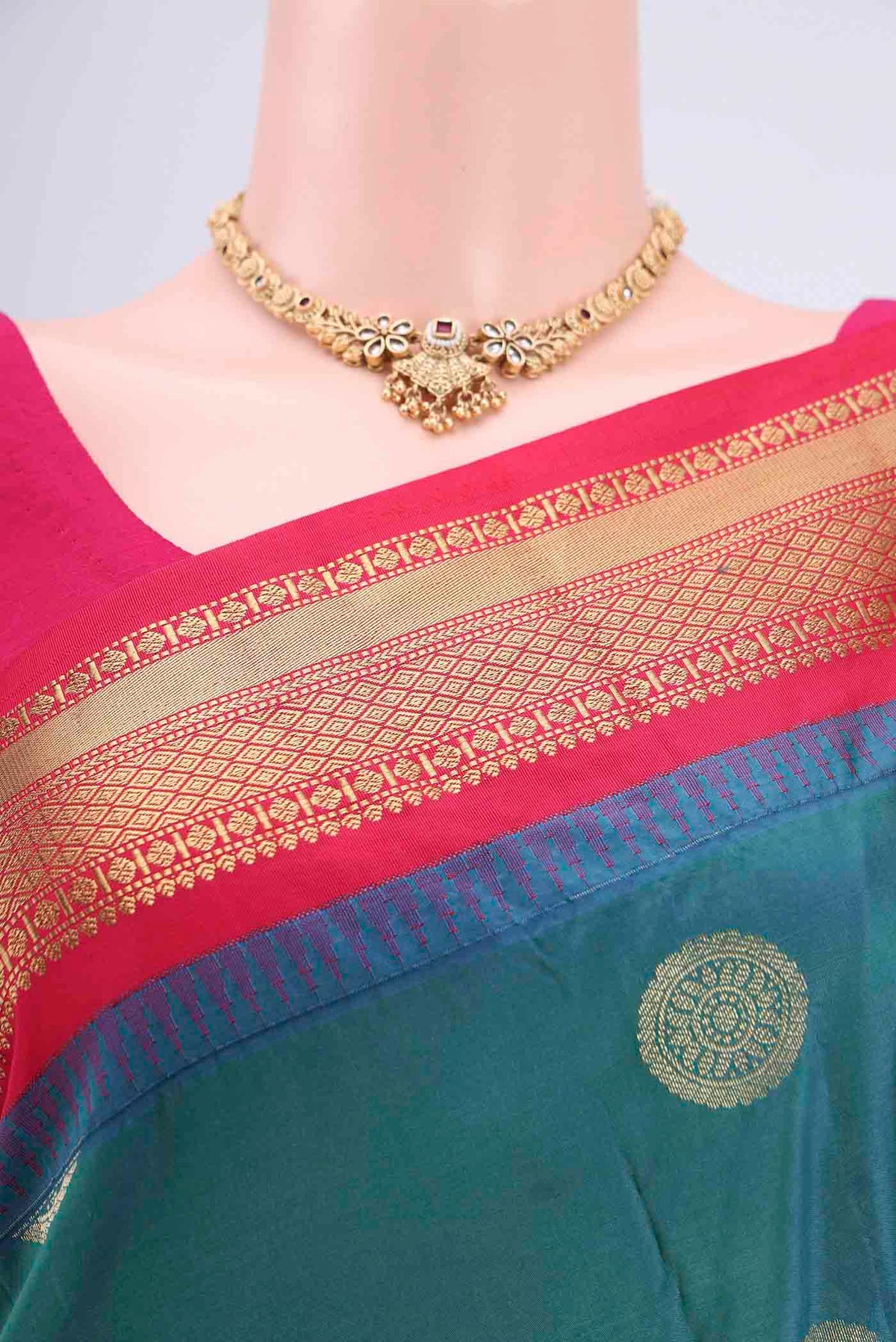 Border image of Peacock Blue Blended Bangalore Silk Saree with Zari Butta on the body and Zari Border. 
