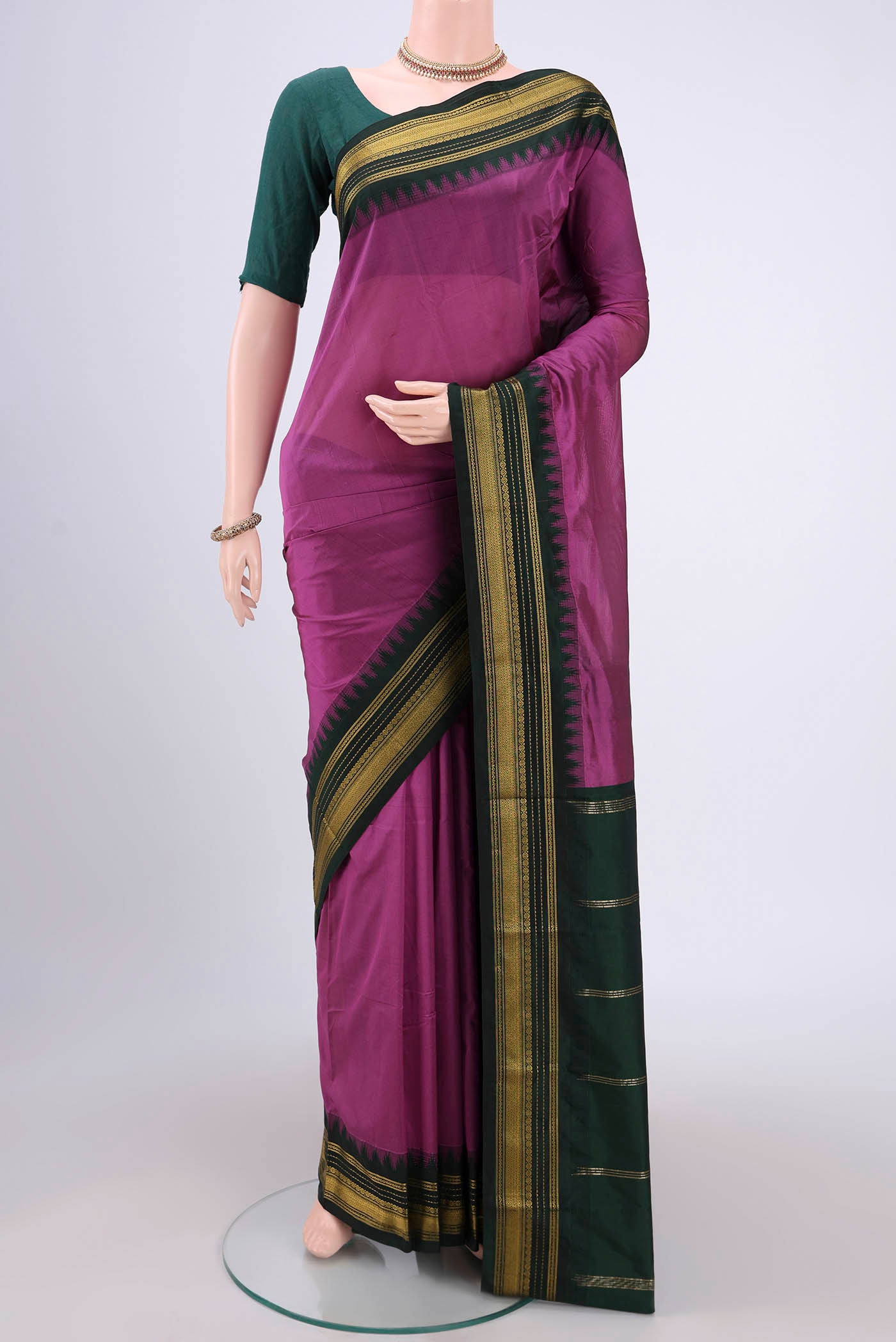 Light Magenta Blended Bangalore Silk Saree with Plain Body and Temple Border.  displayed on a mannequin