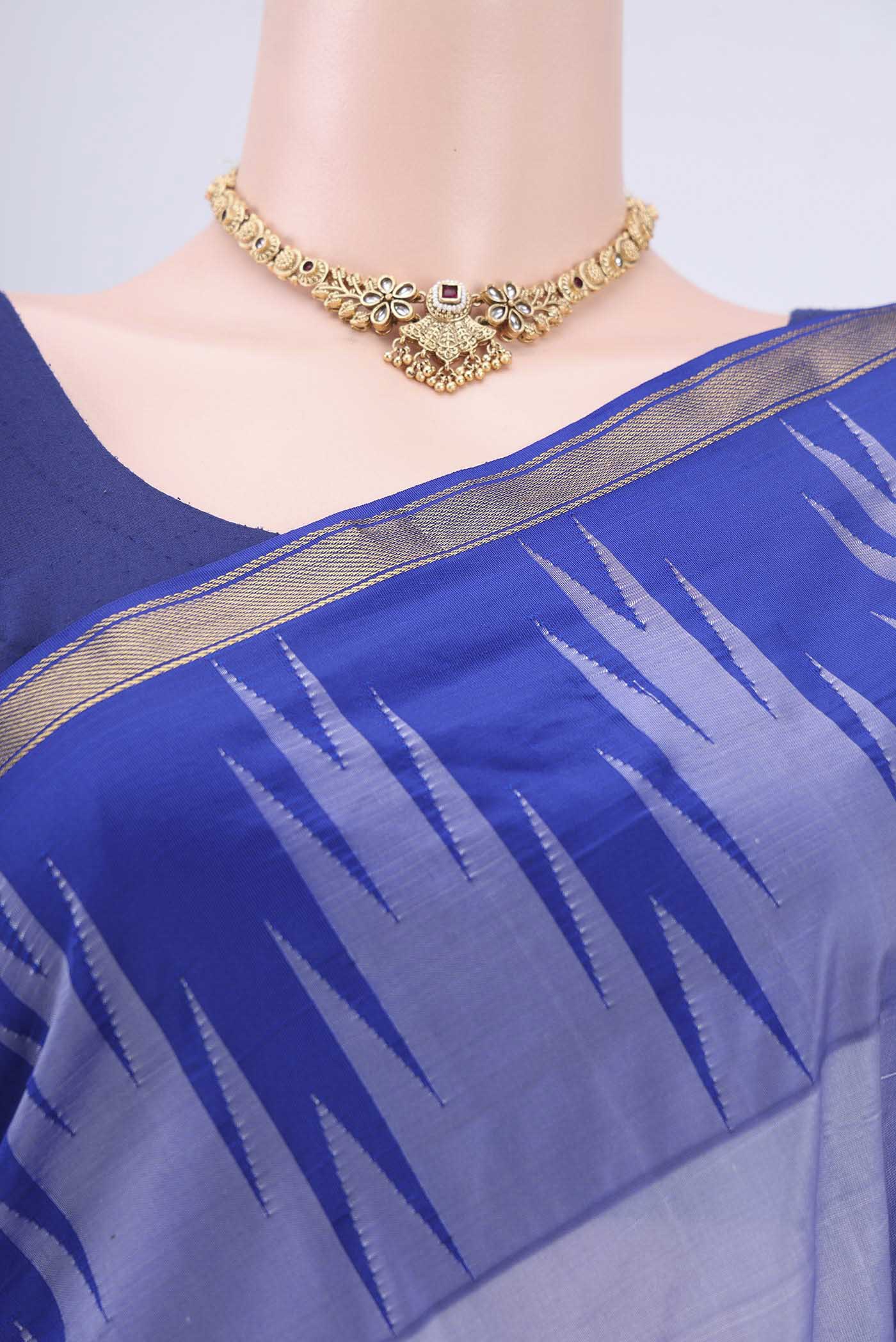 Border image of Sky Blue Bangalore Silk Saree with Plain Body and Temple Border. 