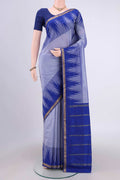 Sky Blue Bangalore Silk Saree with Plain Body and Temple Border.  displayed on a mannequin