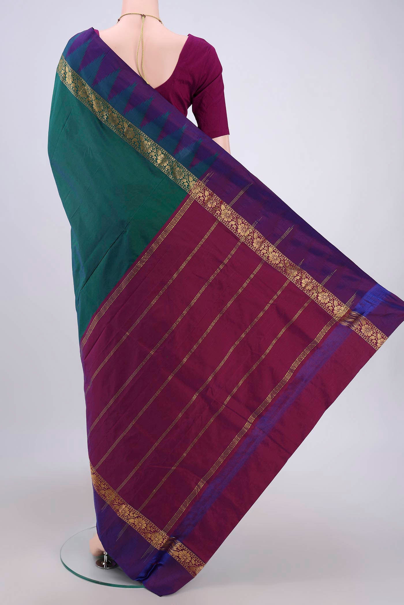 Flat view of Bottle Green Bangalore Silk Saree with Plain Body and Zari Border. 