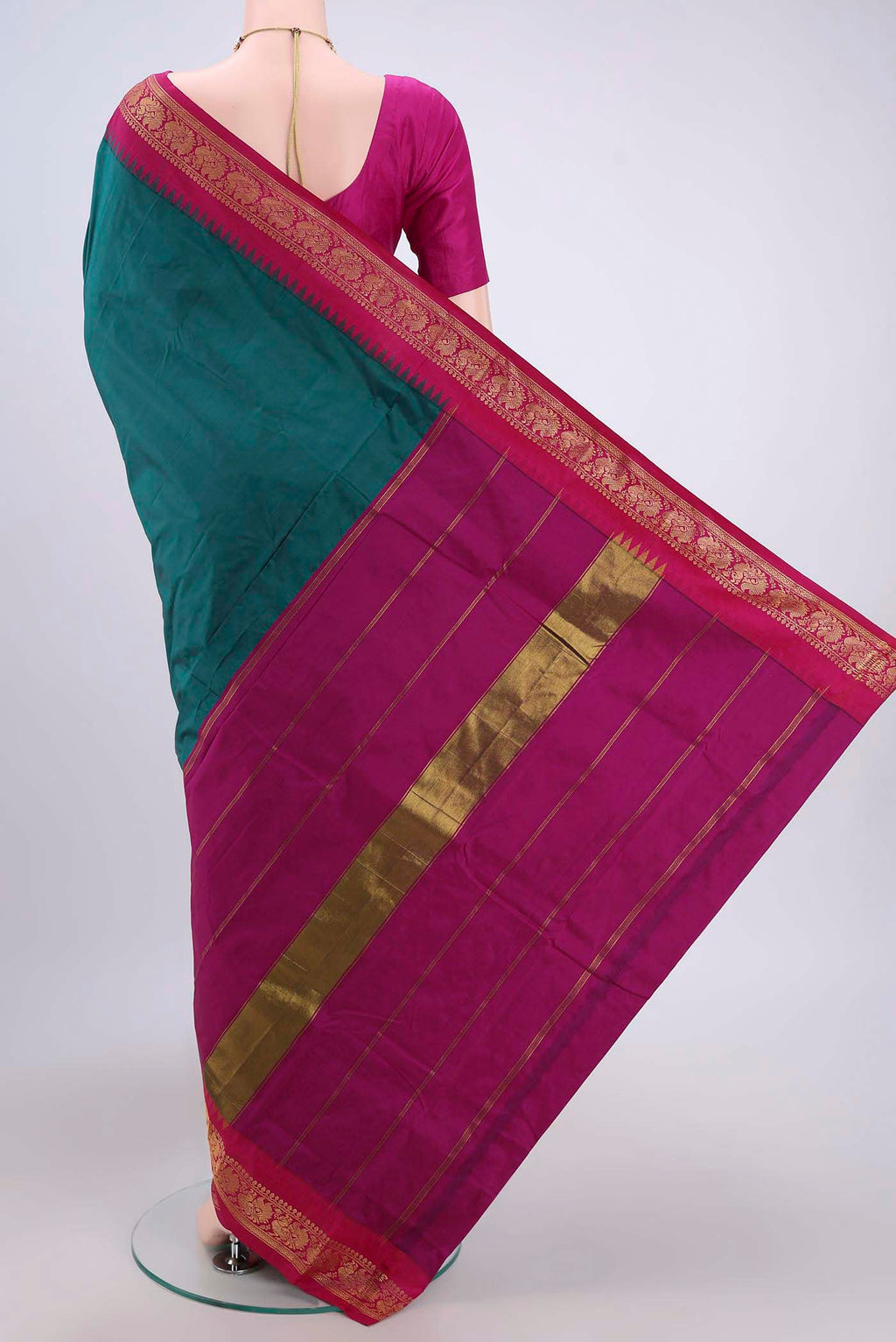 Flat view of Sea Green Bangalore Silk Saree with Plain Body and Zari Border. 