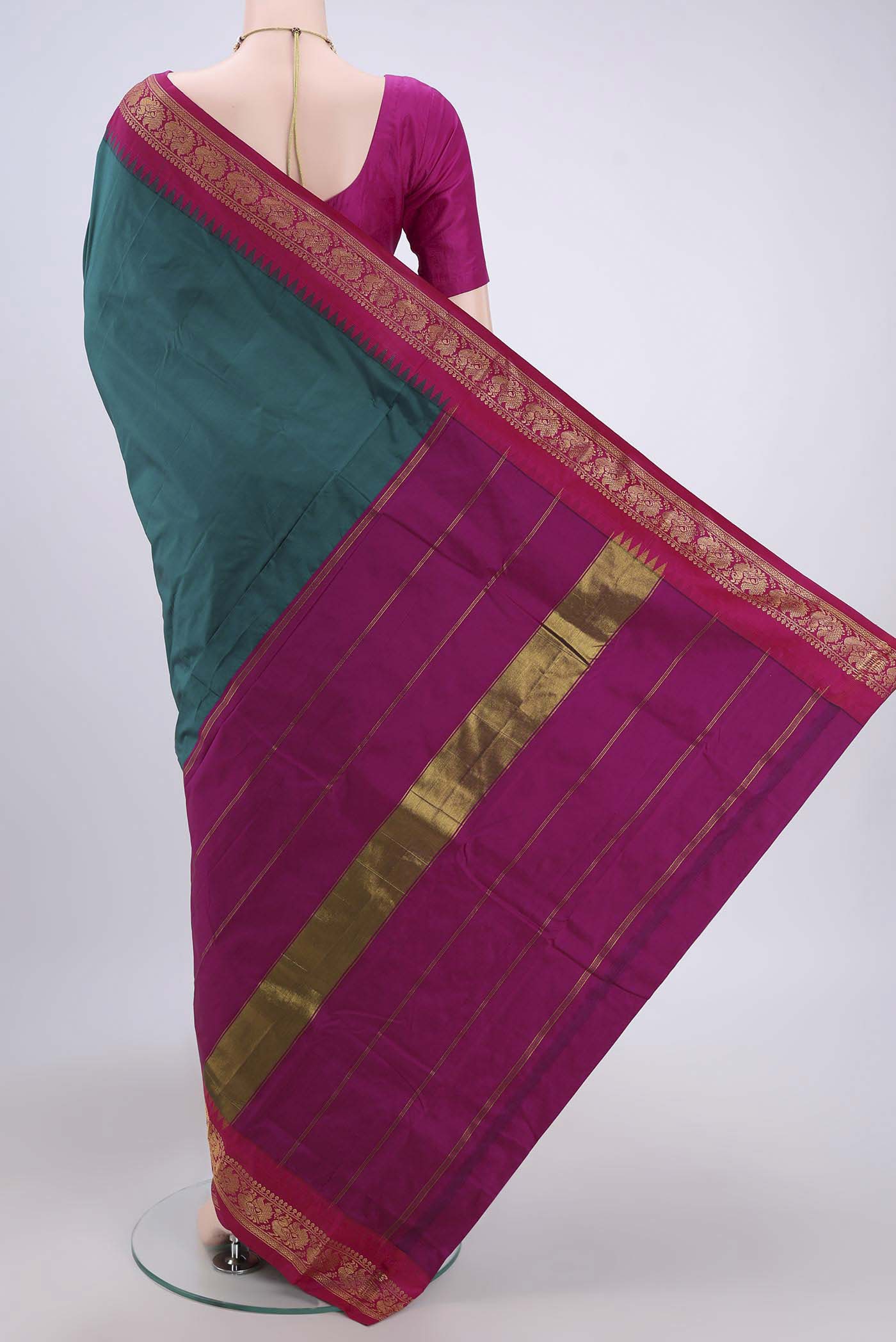 Flat view of Sea Green Bangalore Silk Saree with Plain Body and Zari Border. 