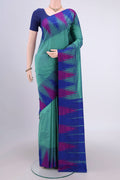 Sea Green Bangalore Silk Saree with Plain Body and Temple Border.  displayed on a mannequin