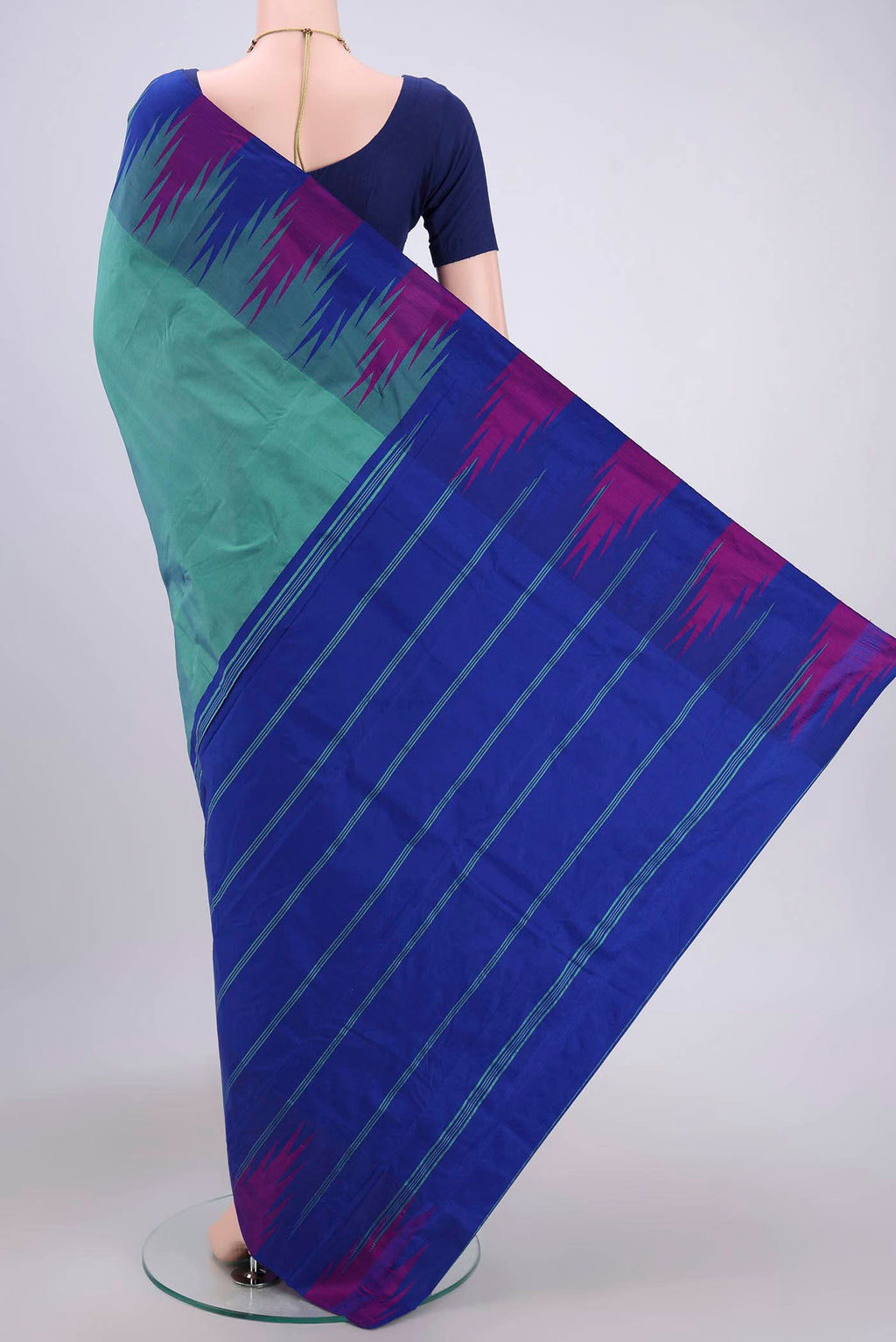 Flat view of Sea Green Bangalore Silk Saree with Plain Body and Temple Border. 