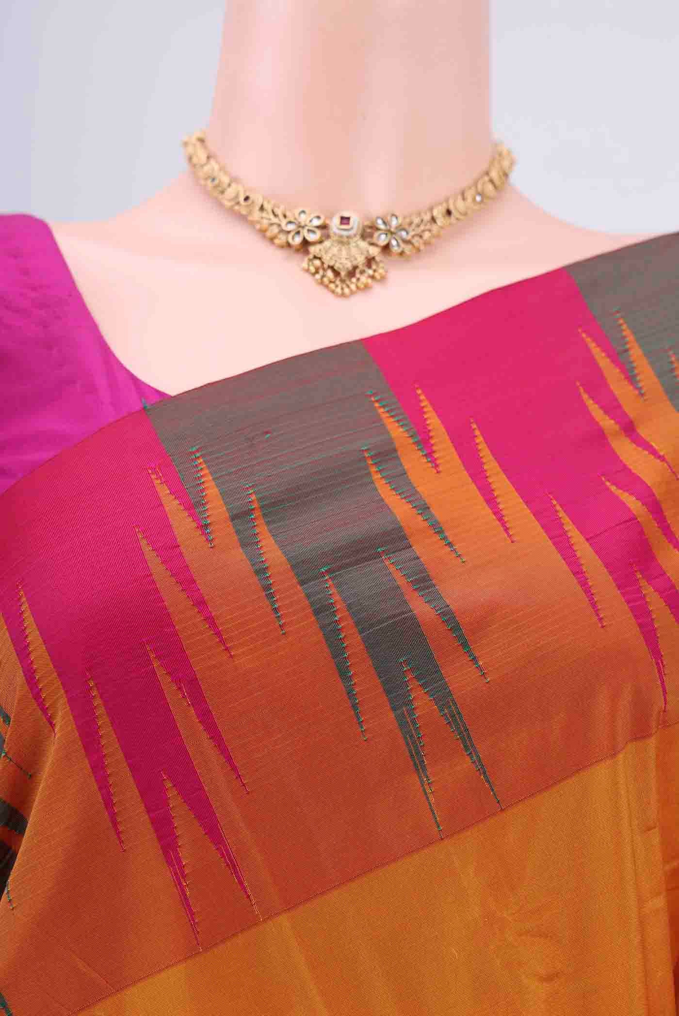 Border image of Mustard Bangalore Silk Saree with Plain Body and Temple Border. 