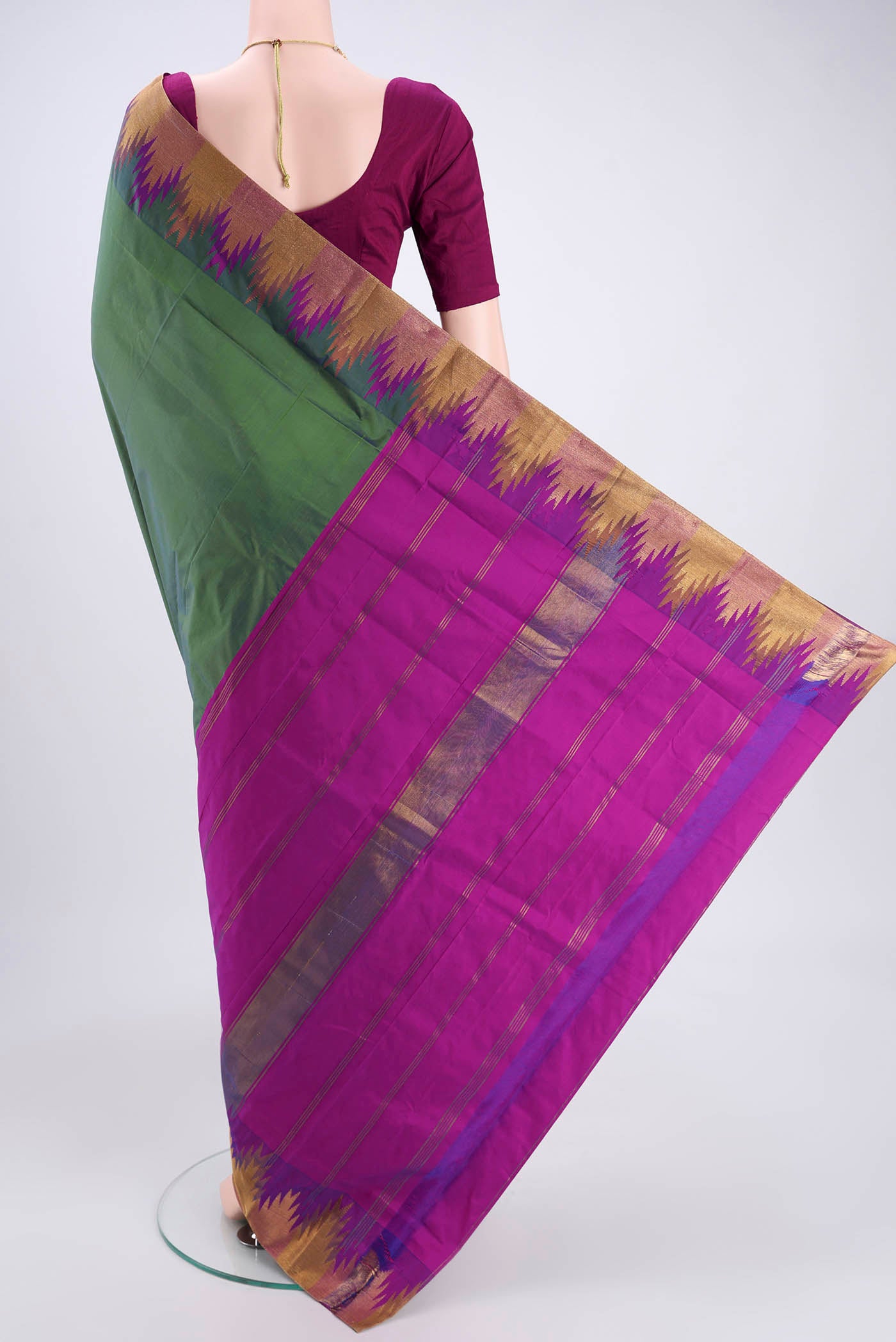 Flat view of Sage Green Blended Bangalore Silk Saree with Zari Butta on the body and Zari Border. 