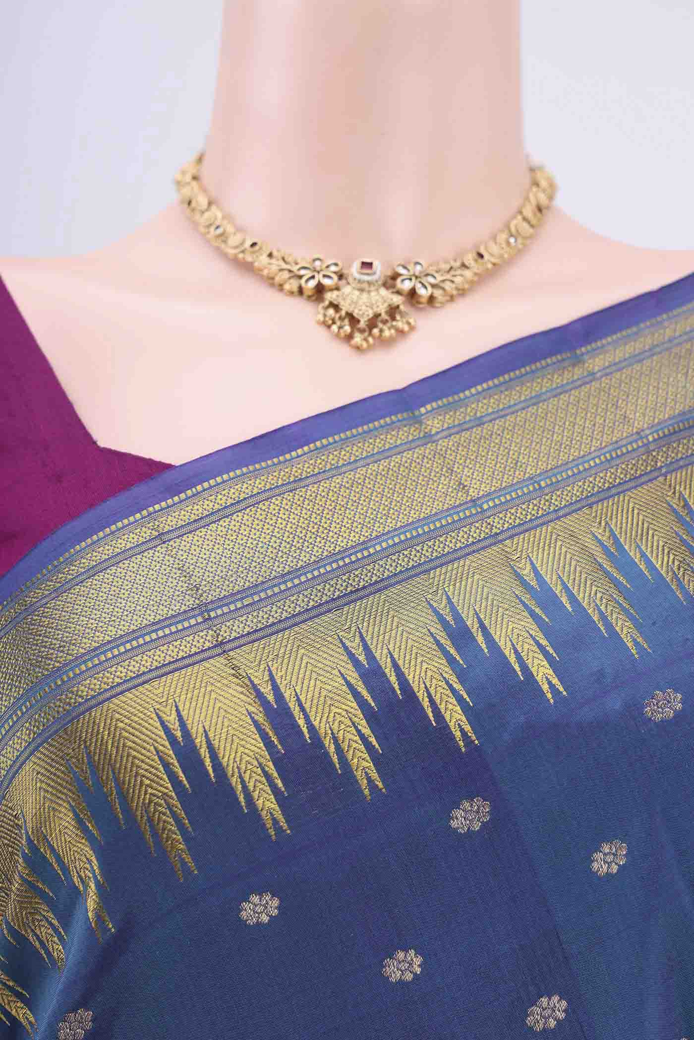 Border image of Peacock Blue Bangalore Silk Saree with Zari Butta on the body and Zari Border. 