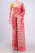 Peach Banarasi Raw Silk Saree with Zari Butta on the body and Zari Border.  displayed on a mannequin
