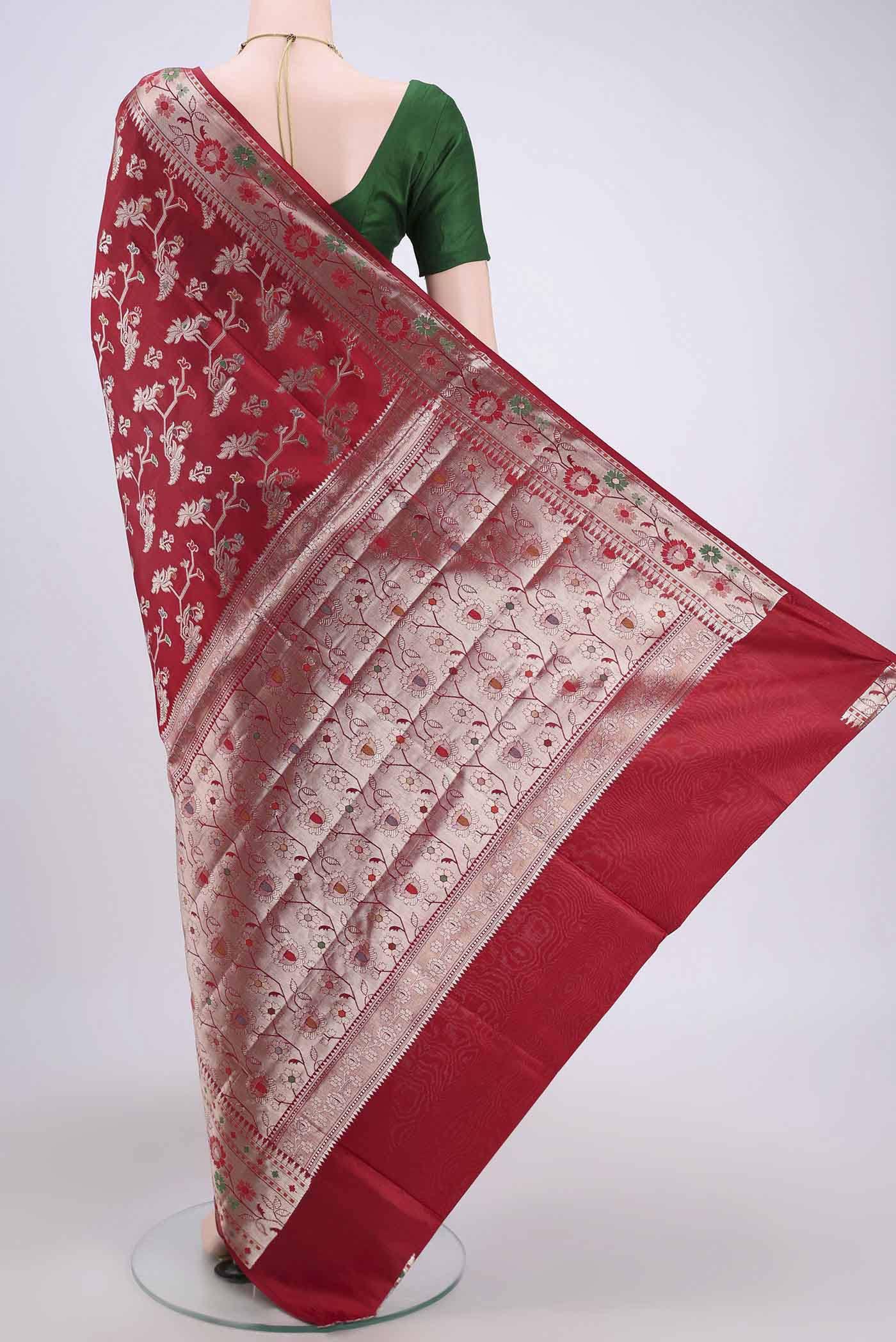 Flat view of Red Banarasi Raw Silk Saree with Zari Butta on the body and Zari Border. 