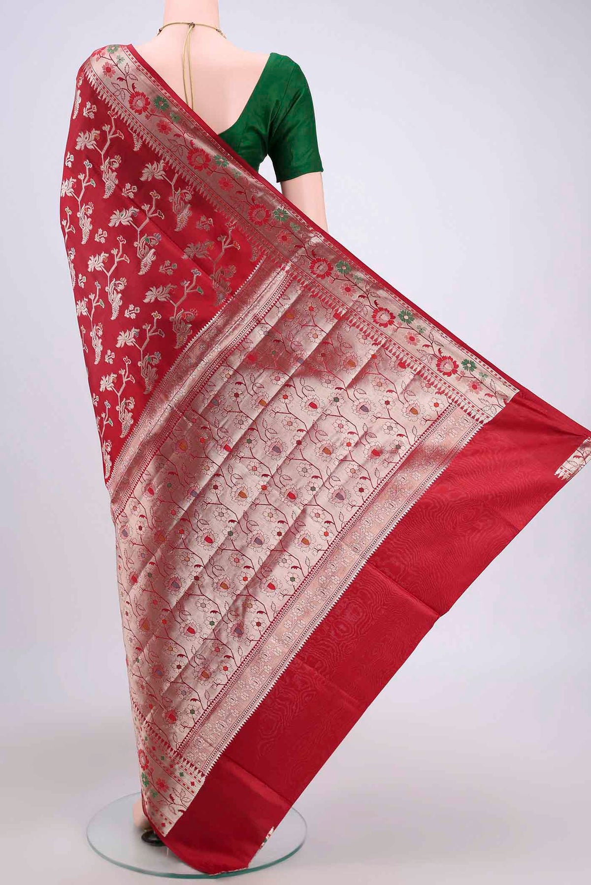 Flat view of Red Banarasi Raw Silk Saree with Zari Butta on the body and Zari Border. 