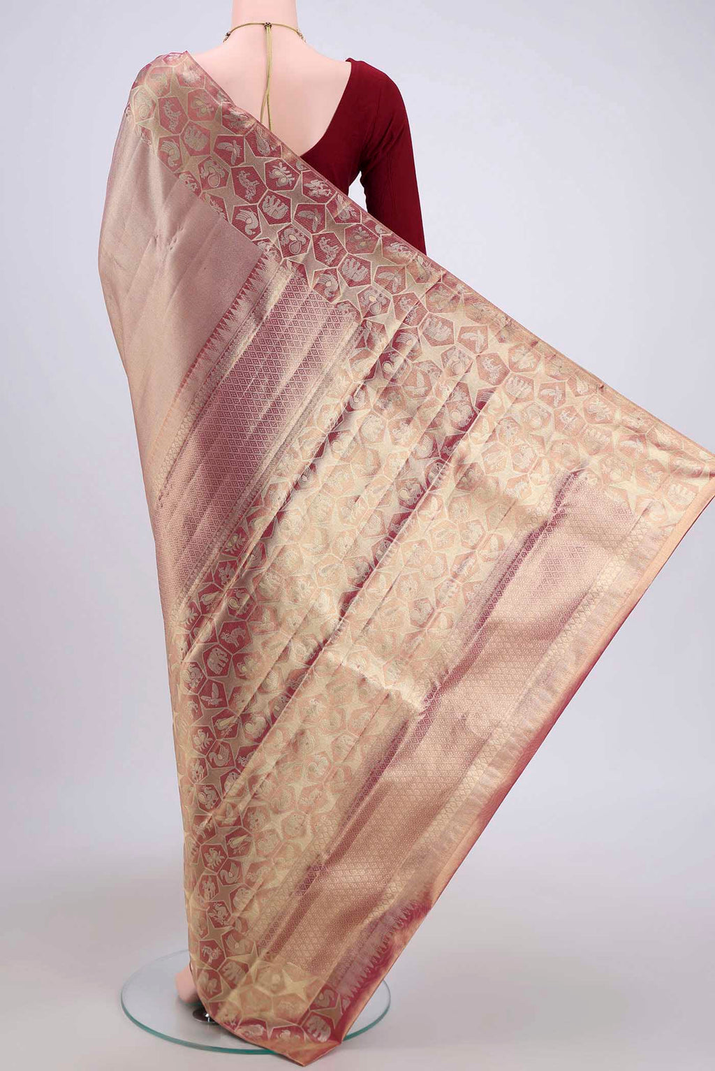 Flat view of Gold with Red Dual Tone Kanjivaram Tissue Silk Saree with Zari Brocade on the body and Zari Border. 