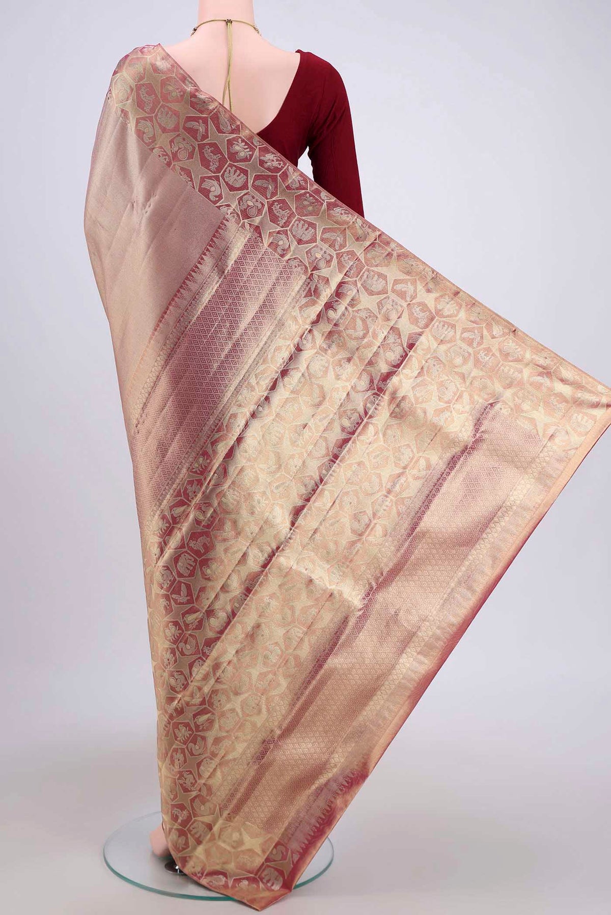 Flat view of Gold with Red Dual Tone Kanjivaram Tissue Silk Saree with Zari Brocade on the body and Zari Border. 