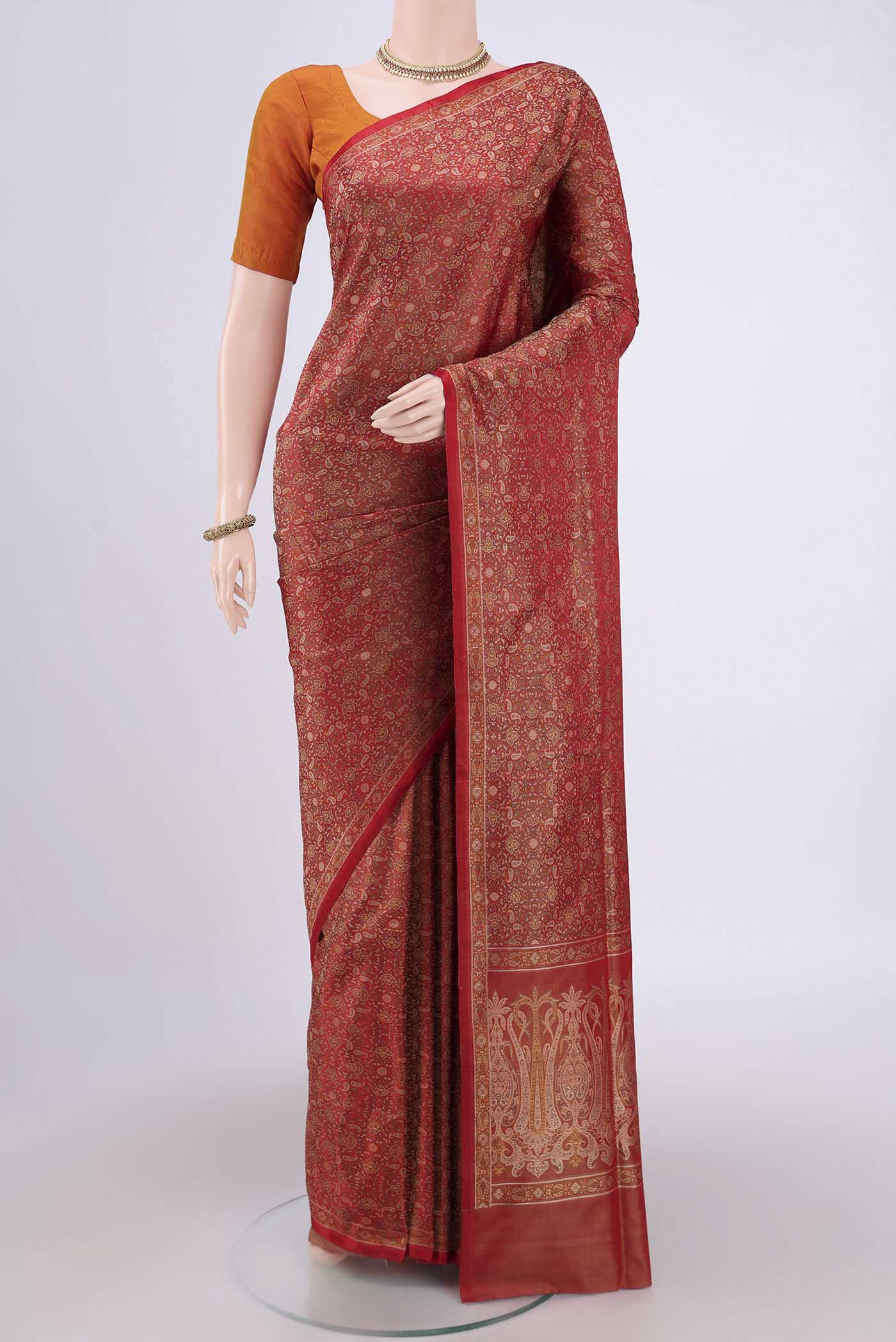 Red Banarasi Tanchoi Silk Saree with Thread Brocade on the body and Thread Border.  displayed on a mannequin