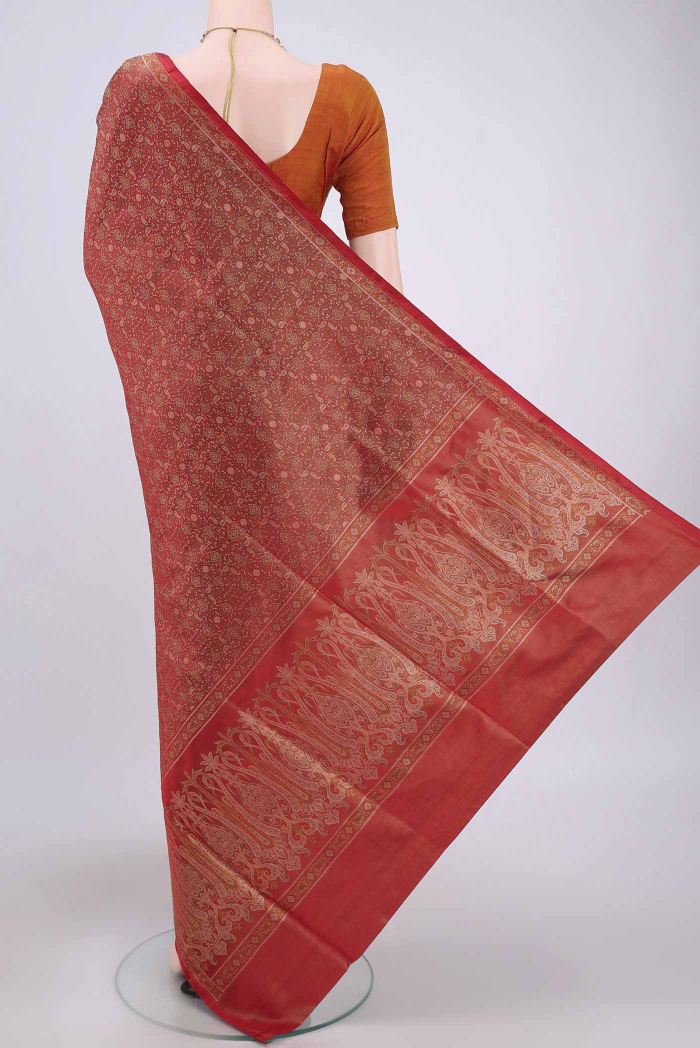 Flat view of Red Banarasi Tanchoi Silk Saree with Thread Brocade on the body and Thread Border. 