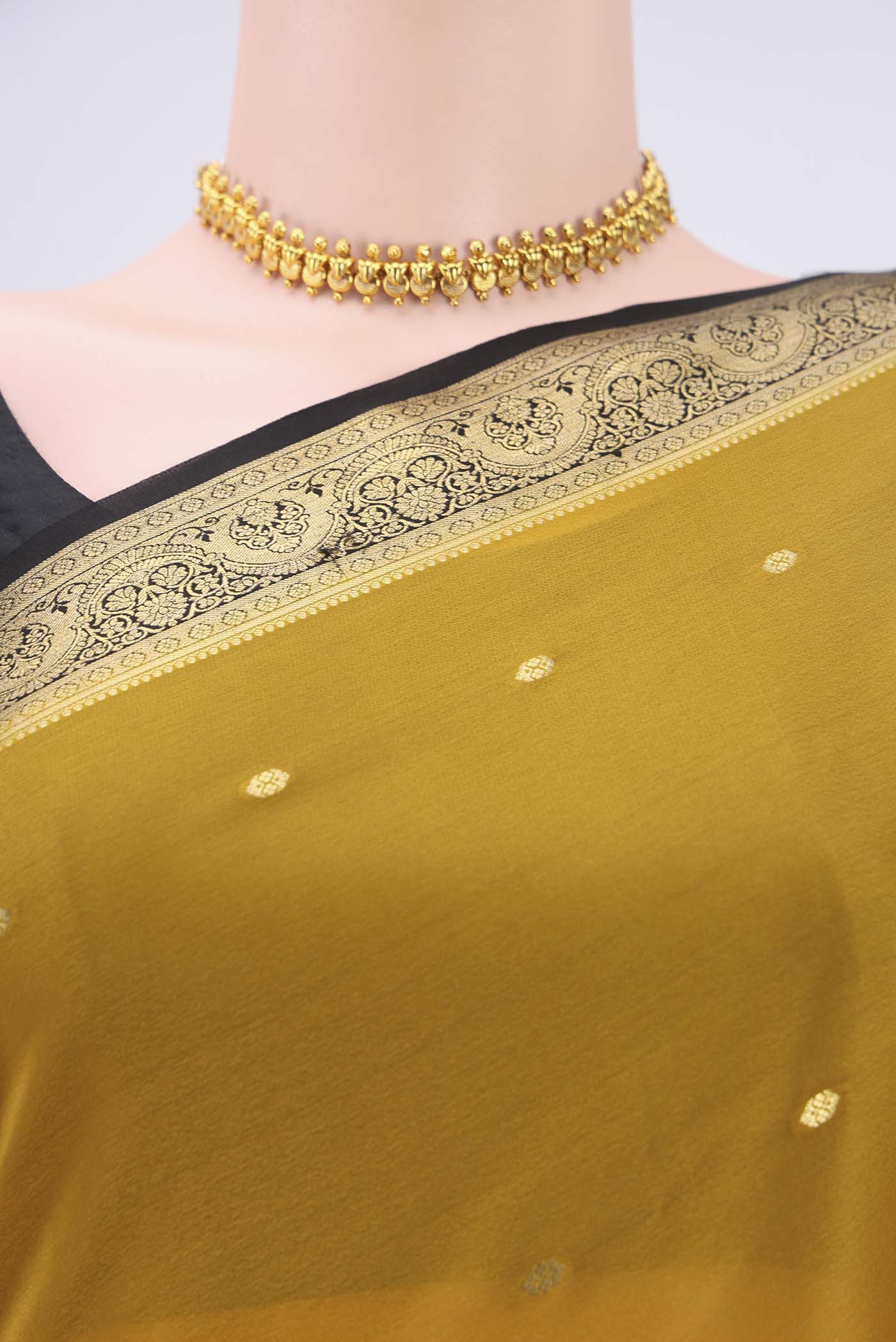 Border image of Yellow Mysore Crepe Saree with Plain Body and Zari Border. 