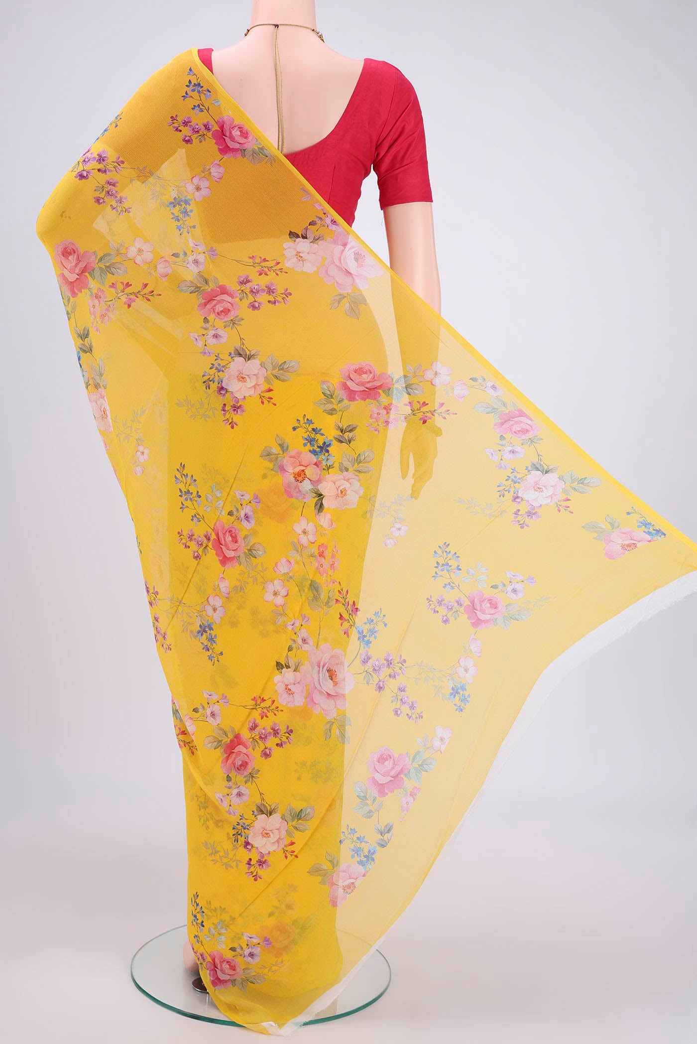 Flat view of Yellow Mysore Chiffon Saree with Floral Print on the body and Without Border. 