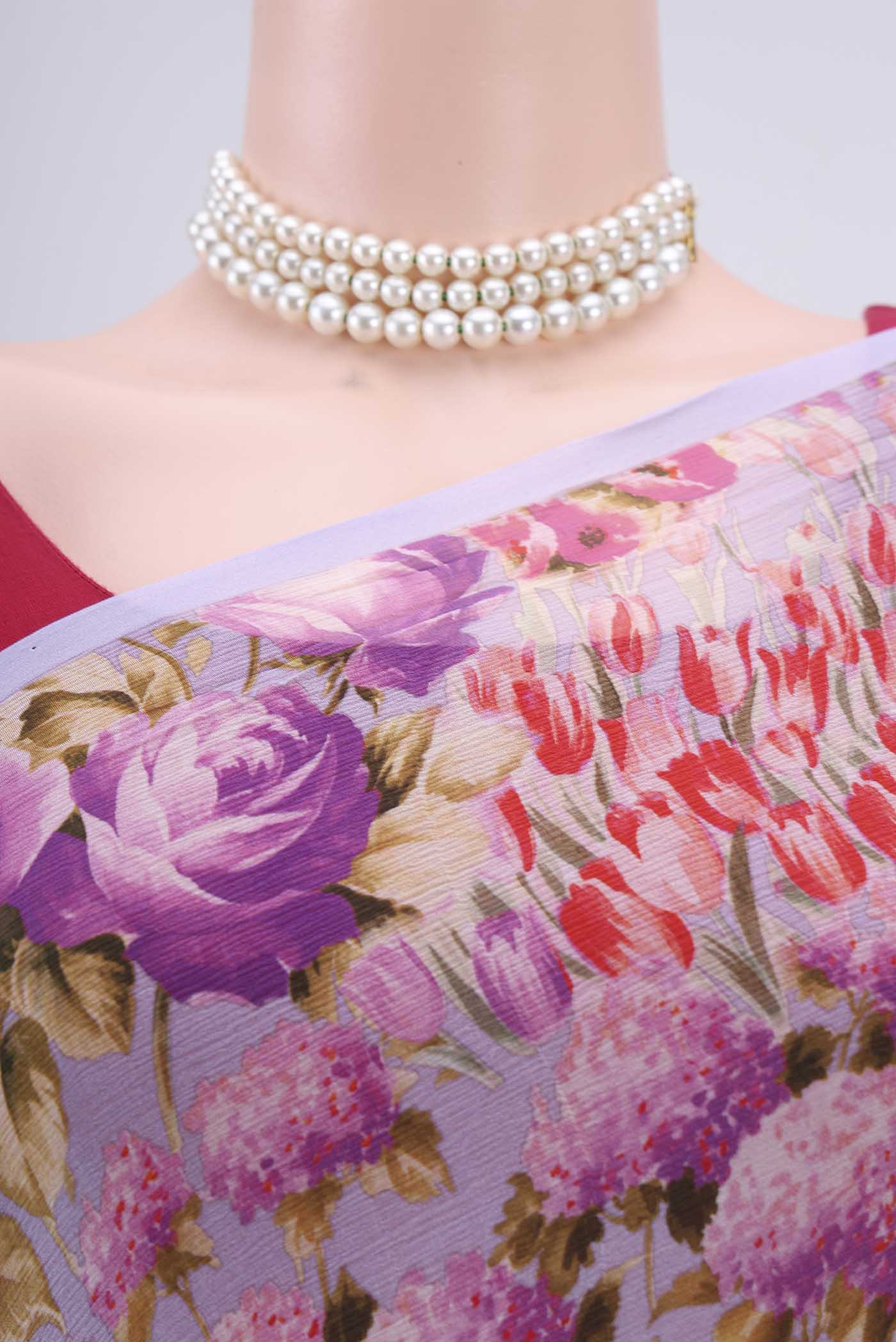 Border image of Purple Mysore Chiffon Saree with Floral Print on the body and Without Border. 