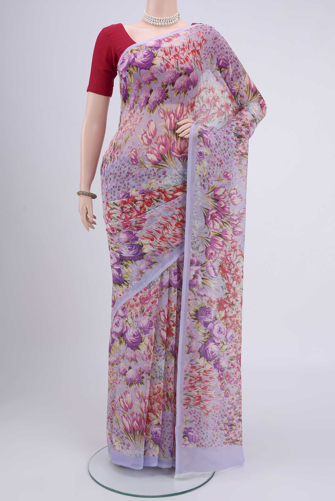 Purple Mysore Chiffon Saree with Floral Print on the body and Without Border.  displayed on a mannequin