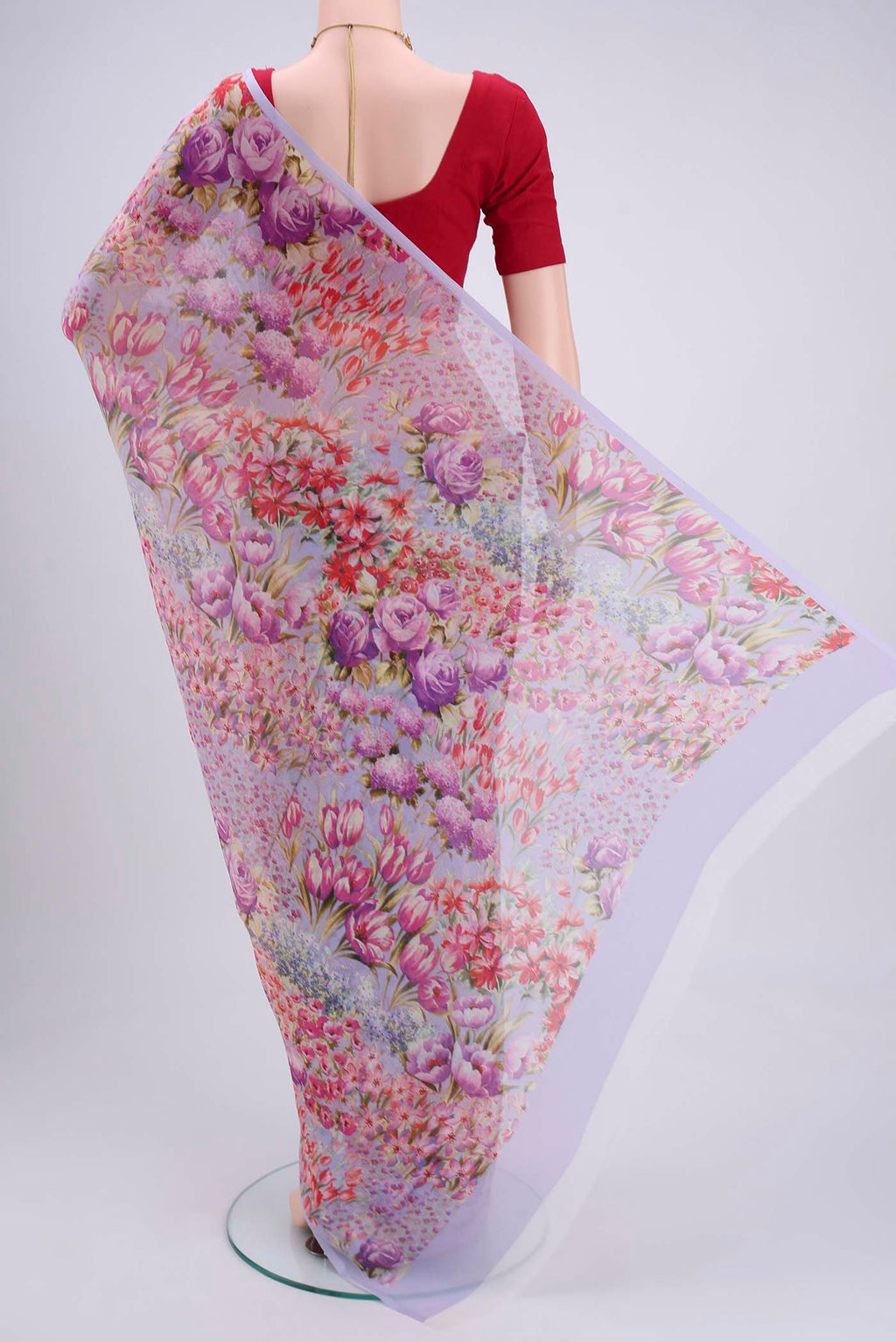 Flat view of Purple Mysore Chiffon Saree with Floral Print on the body and Without Border. 