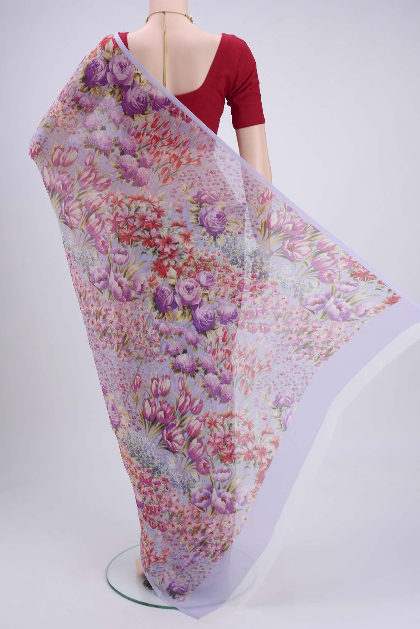 Flat view of Purple Mysore Chiffon Saree with Floral Print on the body and Without Border. 