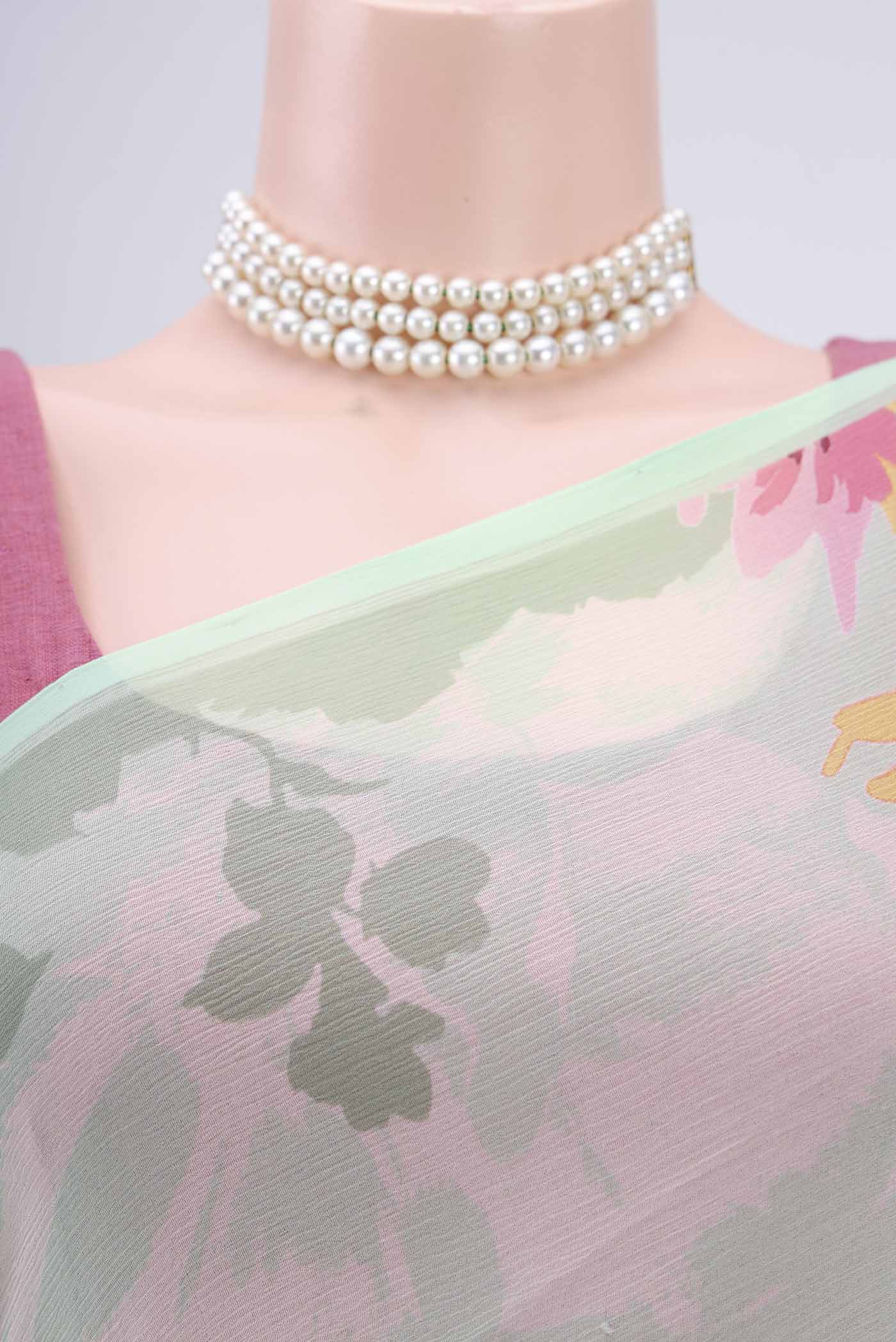 Border image of Mint Green Mysore Chiffon Saree with Floral Print on the body and Without Border. 