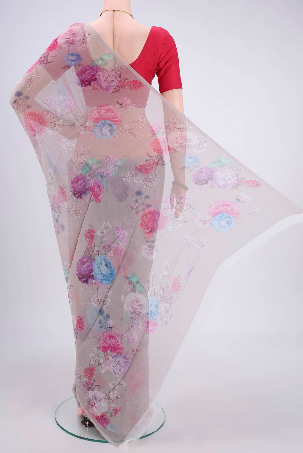Flat view of White Mysore Chiffon Saree with Floral Print on the body and Without Border. 
