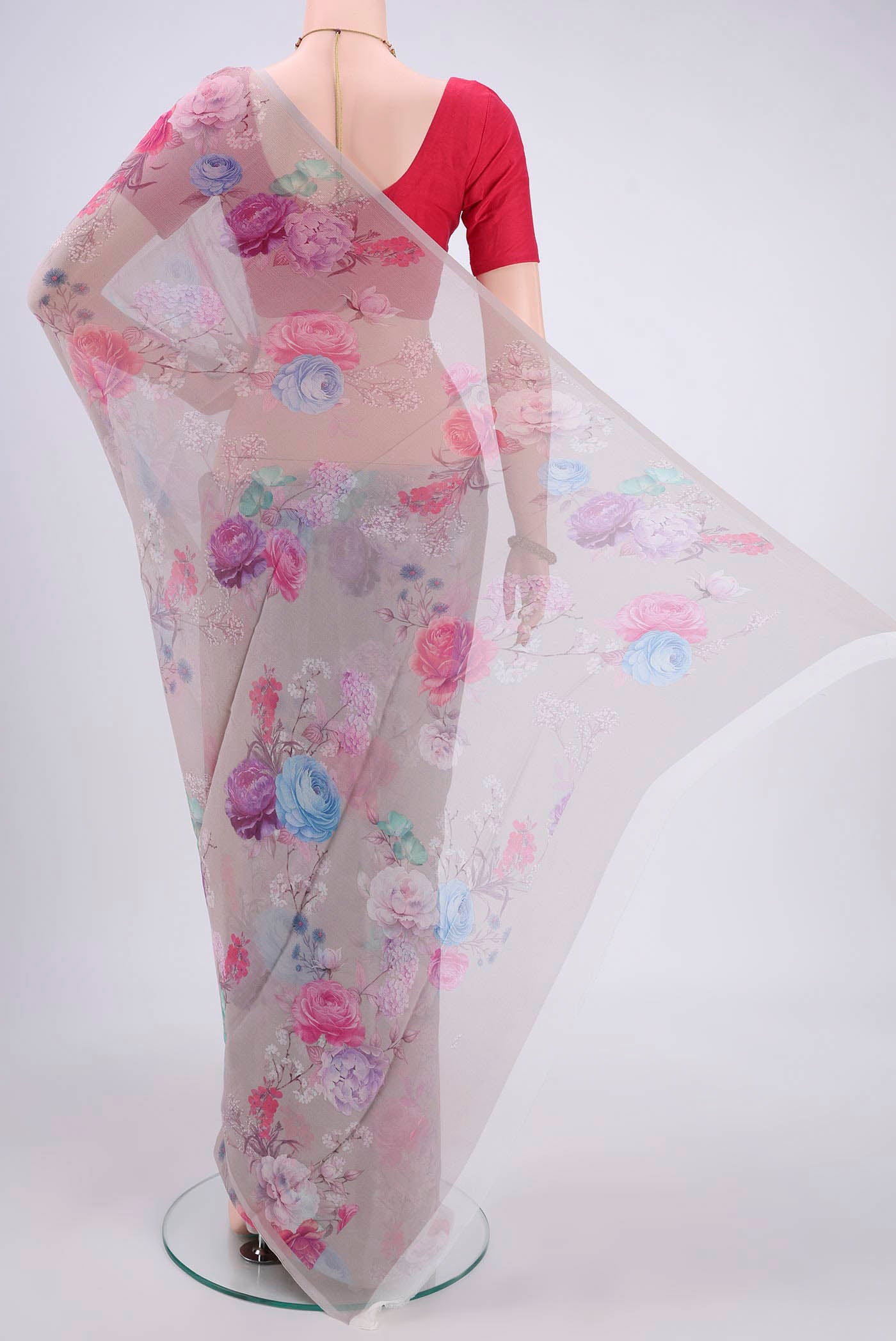 Flat view of White Mysore Chiffon Saree with Floral Print on the body and Without Border. 