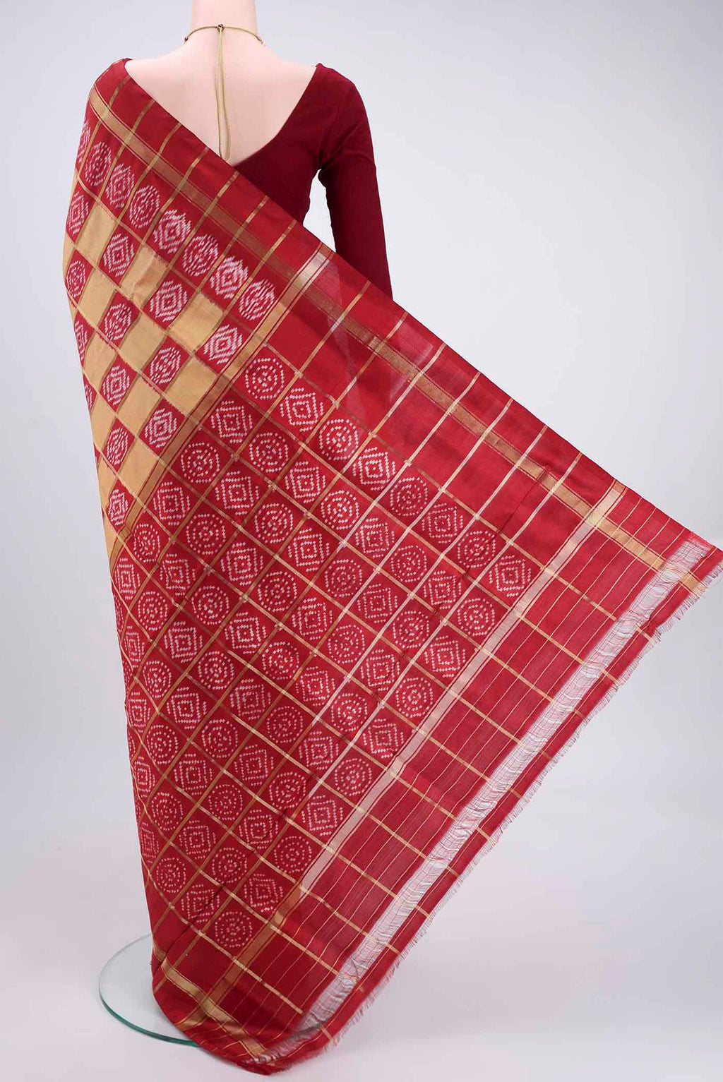 Flat view of Dark Beige Pochampally Silk Saree with Checked design on the body and Zari Border. 