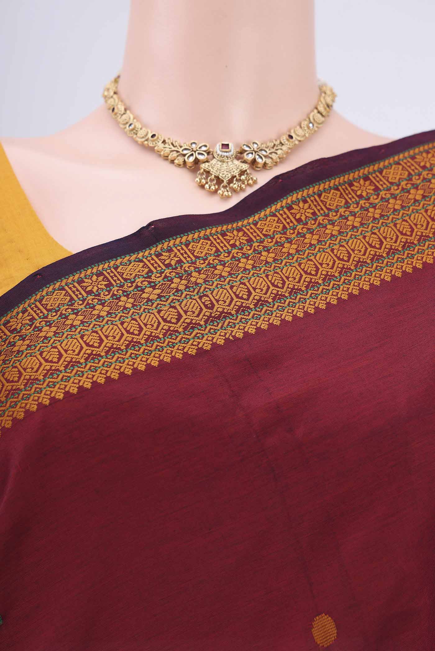 Border image of Maroon Blended Poly Cotton Saree with Thread Butta on the body and Thread Border. 